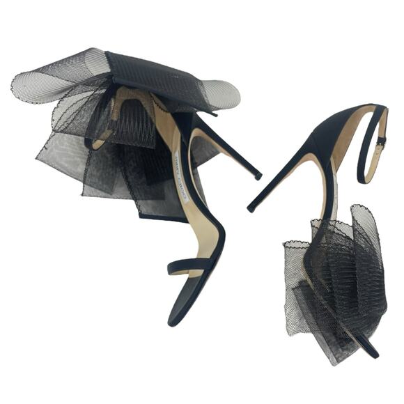 Jimmy Choo Aveline 100 Black Sandal Grosgrain Mesh Fasincator Bow Size 39 - Picture 8 of 16